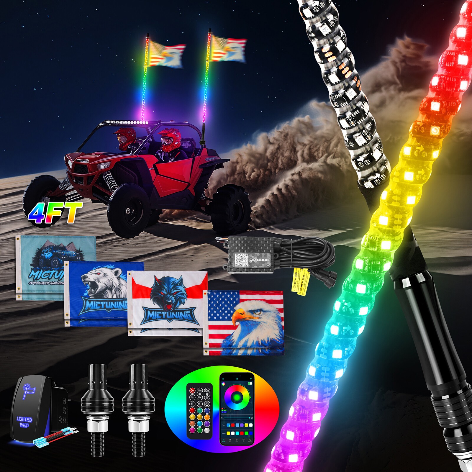4ft RGB LED Spiral Whip Light Antenna with Flag & Remote for ATV UTV Polaris RZR
