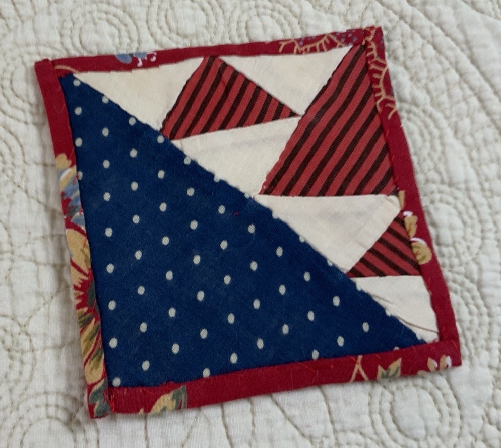 Vintage Patchwork Quilt Small Table Topper, Triangles, Red, White, Navy Blue