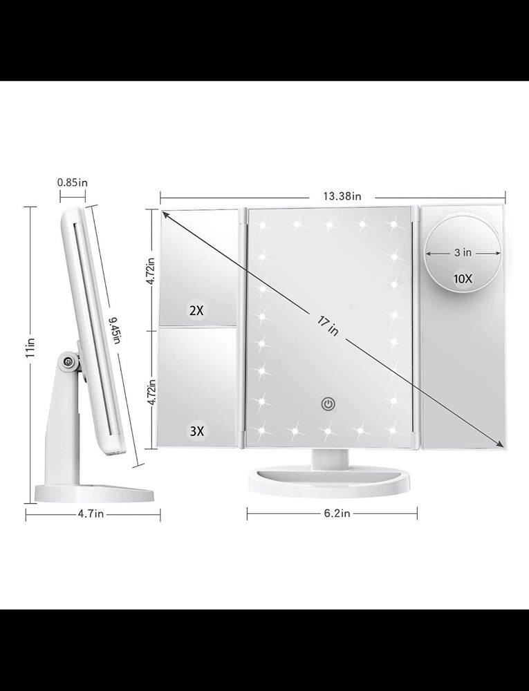 LED Lighted Makeup Mirror 2X 3X 10X Magnification Adjustable Brightness White