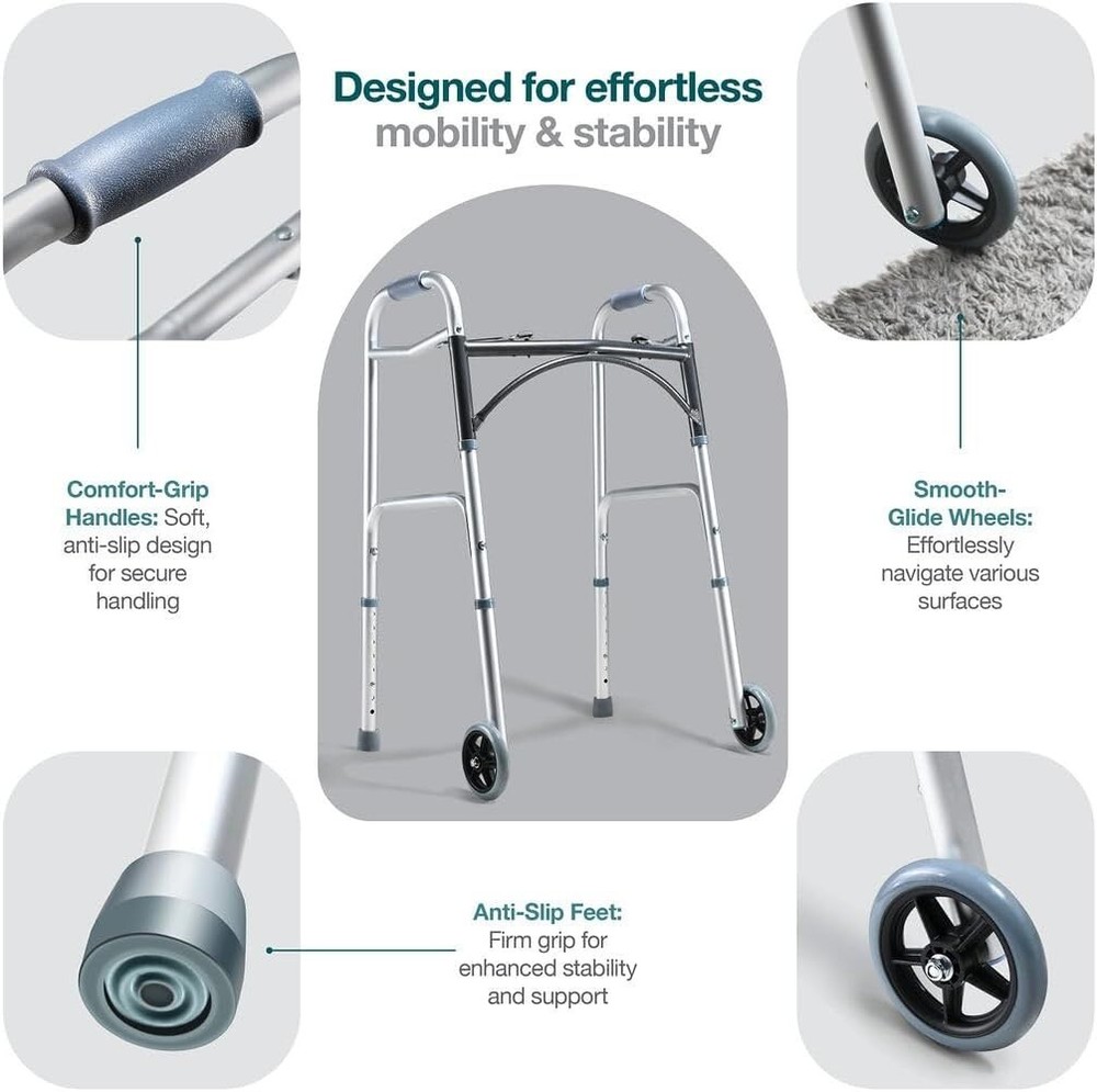 Lightweight, folding walker with wheels, supports 350 lbs, adjustable height
