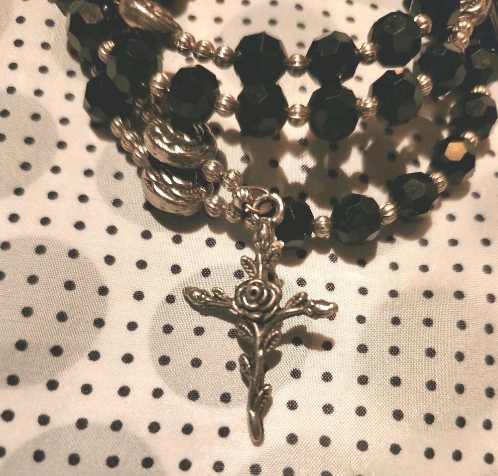 Artisan Hand Crafted Black & Silver Crystal Bead Wraparound Rosary Bracelet