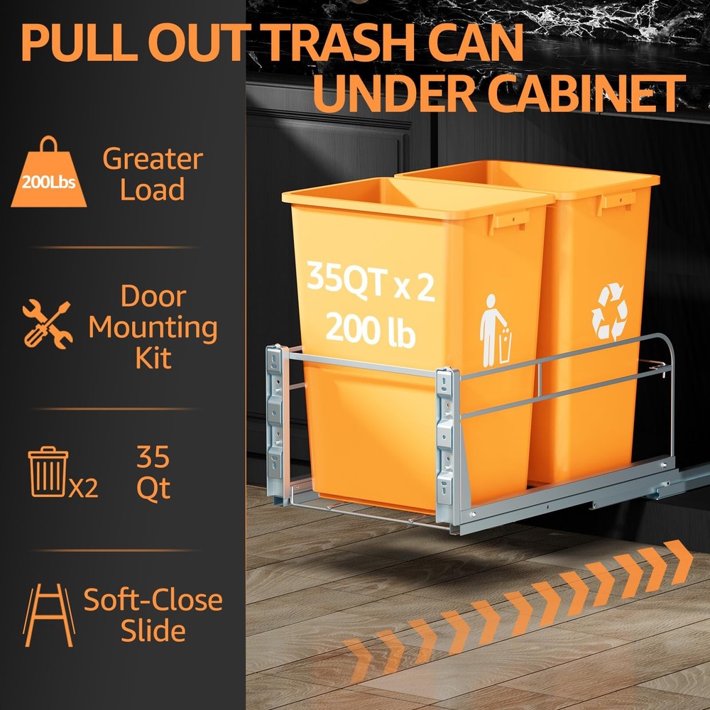 Double Pull Out Trash Can Under Cabinet with Door Double, Silver
