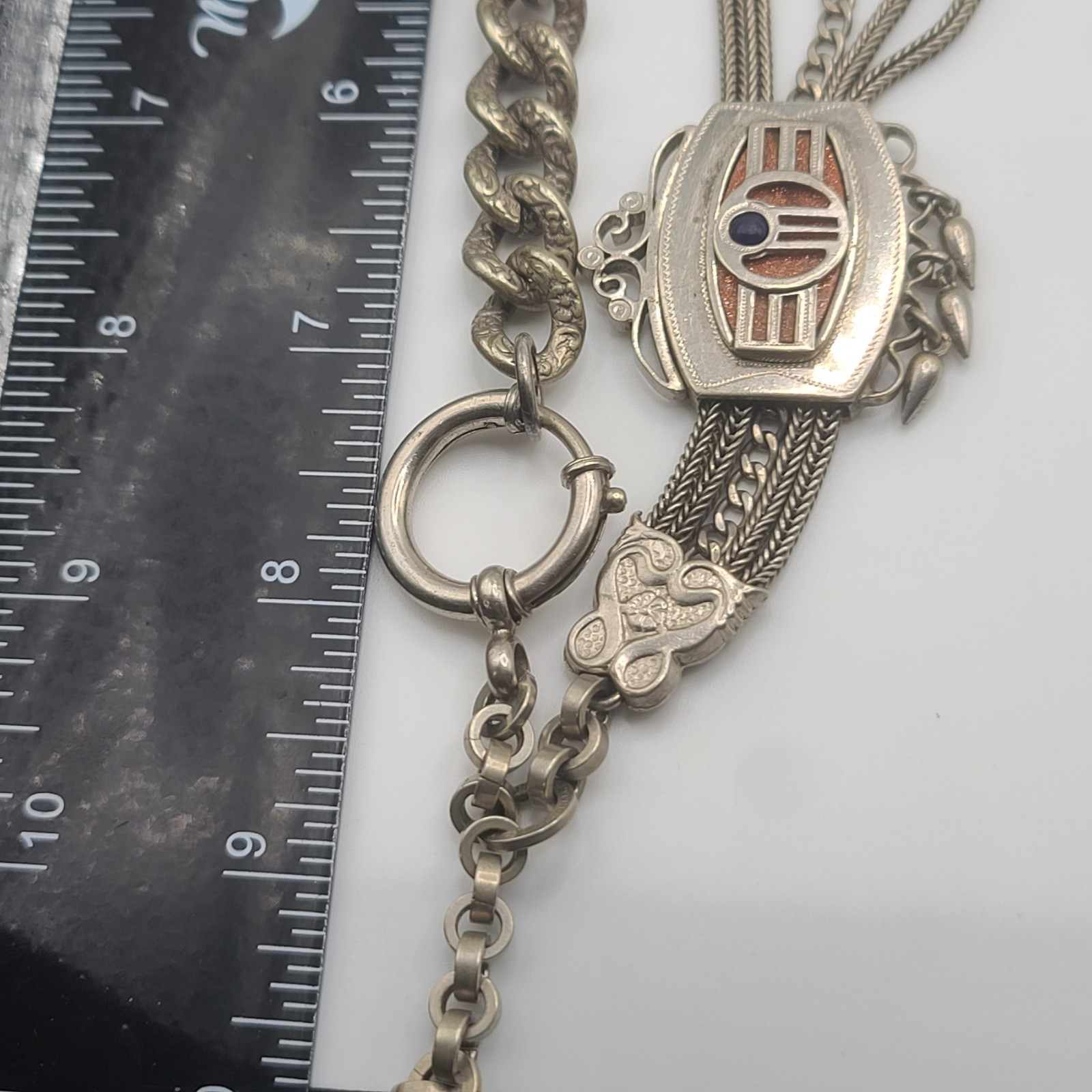 Vintage Slider Watch Chain Fob Gold Stone Fringe Silver Tone HEAVY NICE