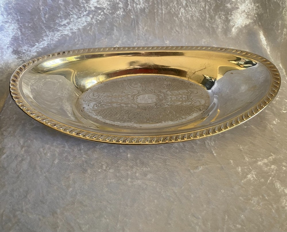 Crosby Silver Plated Oval Bread Tray Etched Pattern 12 1/2"