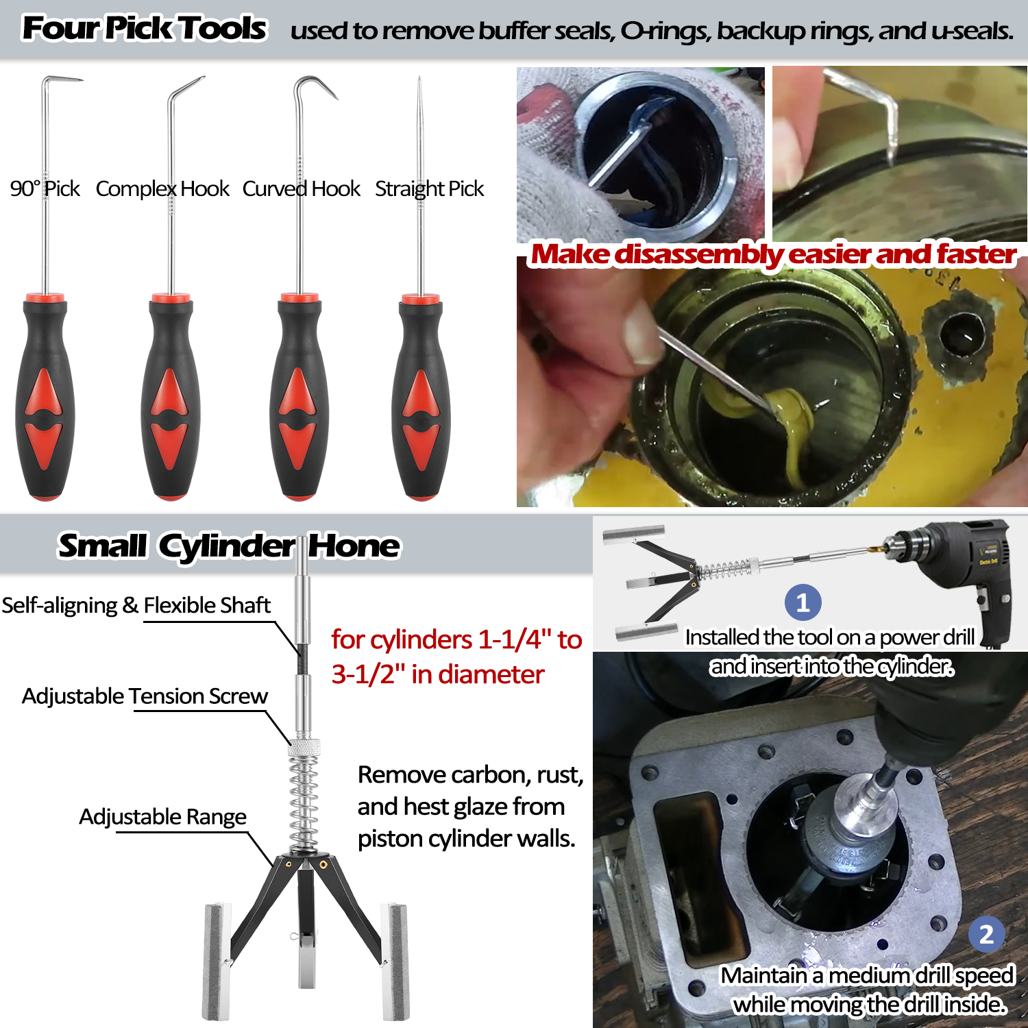 17Pcs Hydraulic Cylinder Repair Tool Kit for Skid Steers, Loaders, Backhoes, etc