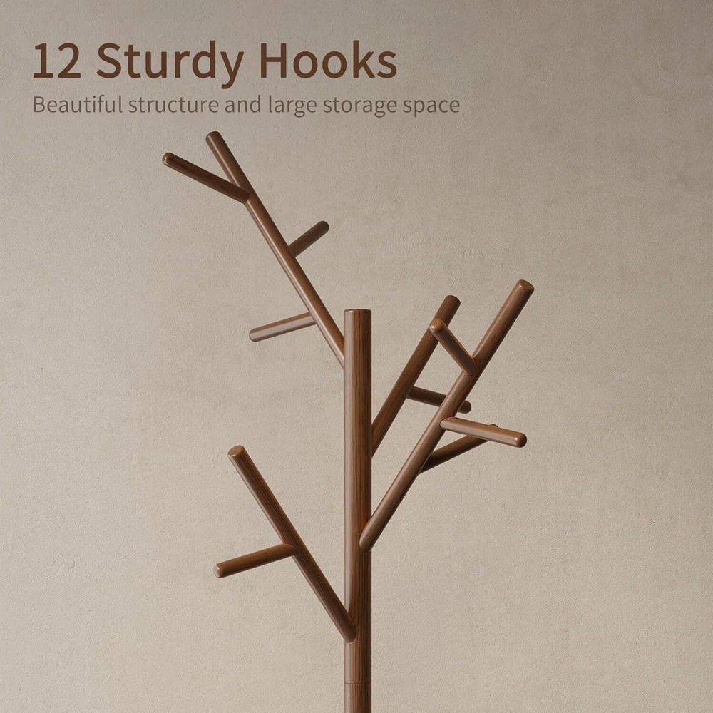 Solid wood freestanding coat rack with 12 hooks and 3 adjustable heights