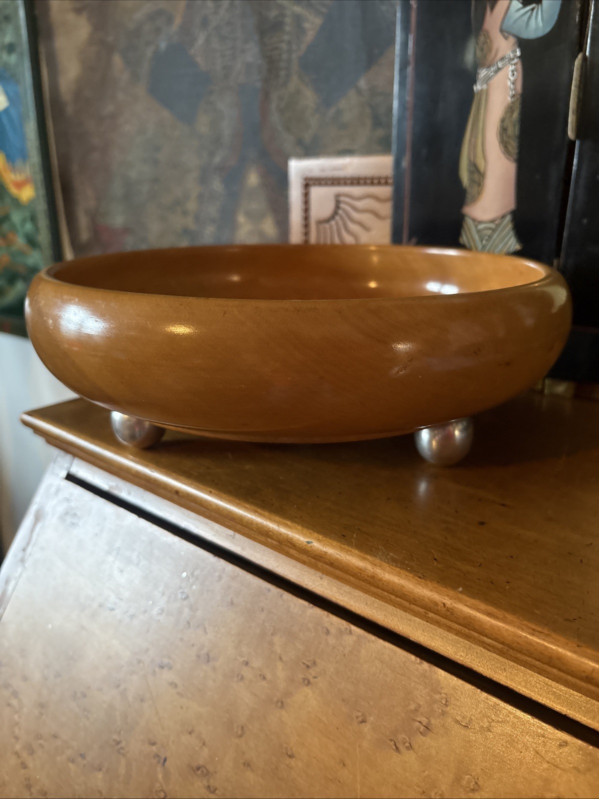 Solid Wood Salad Bowl 3 Sterling Silver Ball Feet Beautiful 9.5”