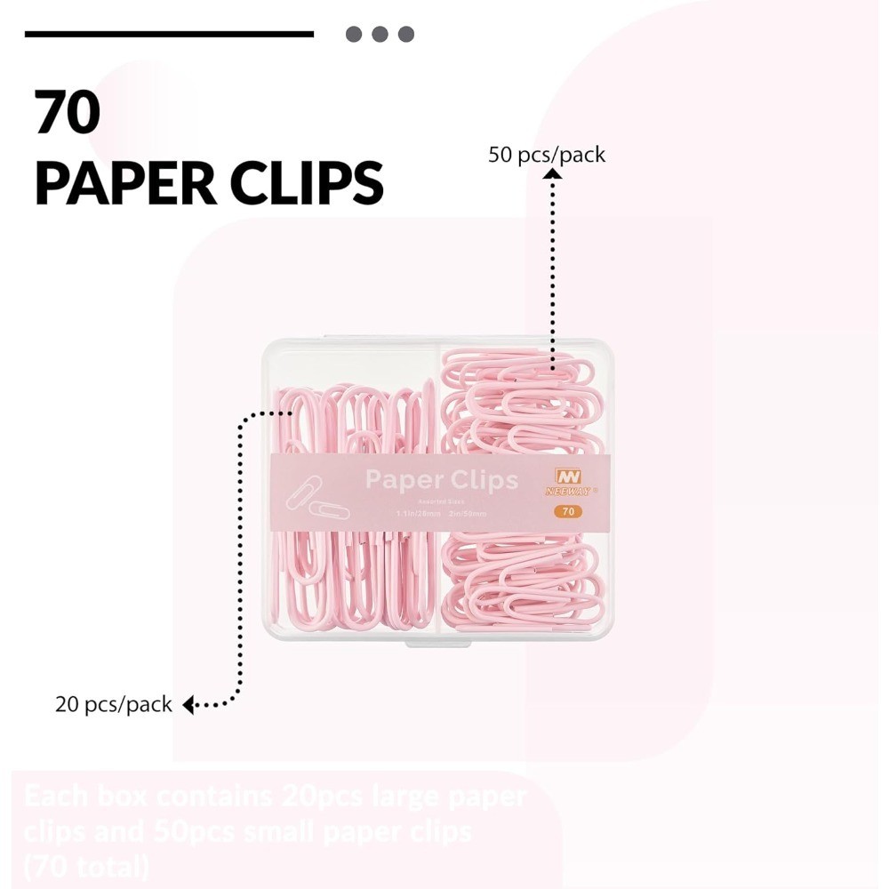 Assorted Sizes Small and Large Light Pink Paper Clips 70 Count Bulk Pack