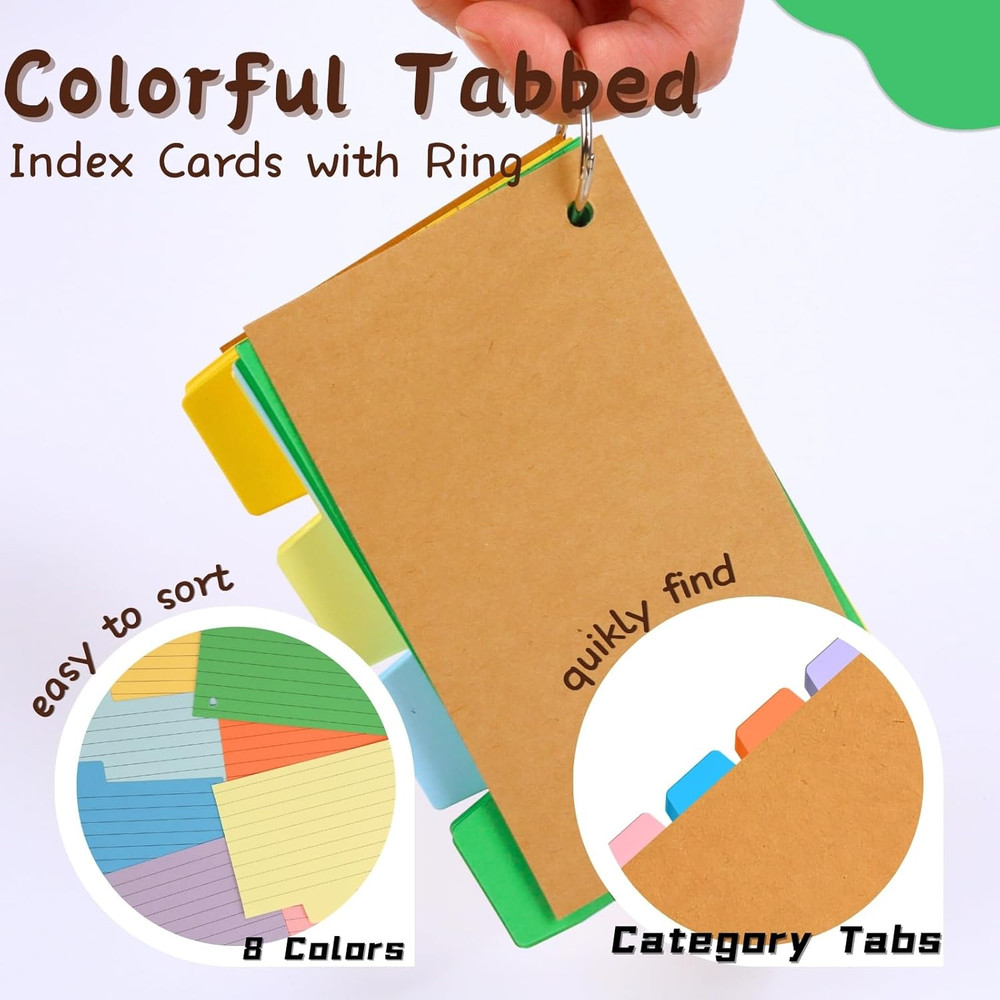 200PCS Tabbed Index Cards with Ring 3X5: Lined Colored Flash Card with Tabs, Ass