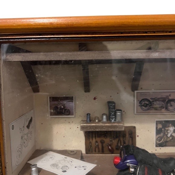 Vintage Motorcycle Garage Shop Diorama Shadow Box.