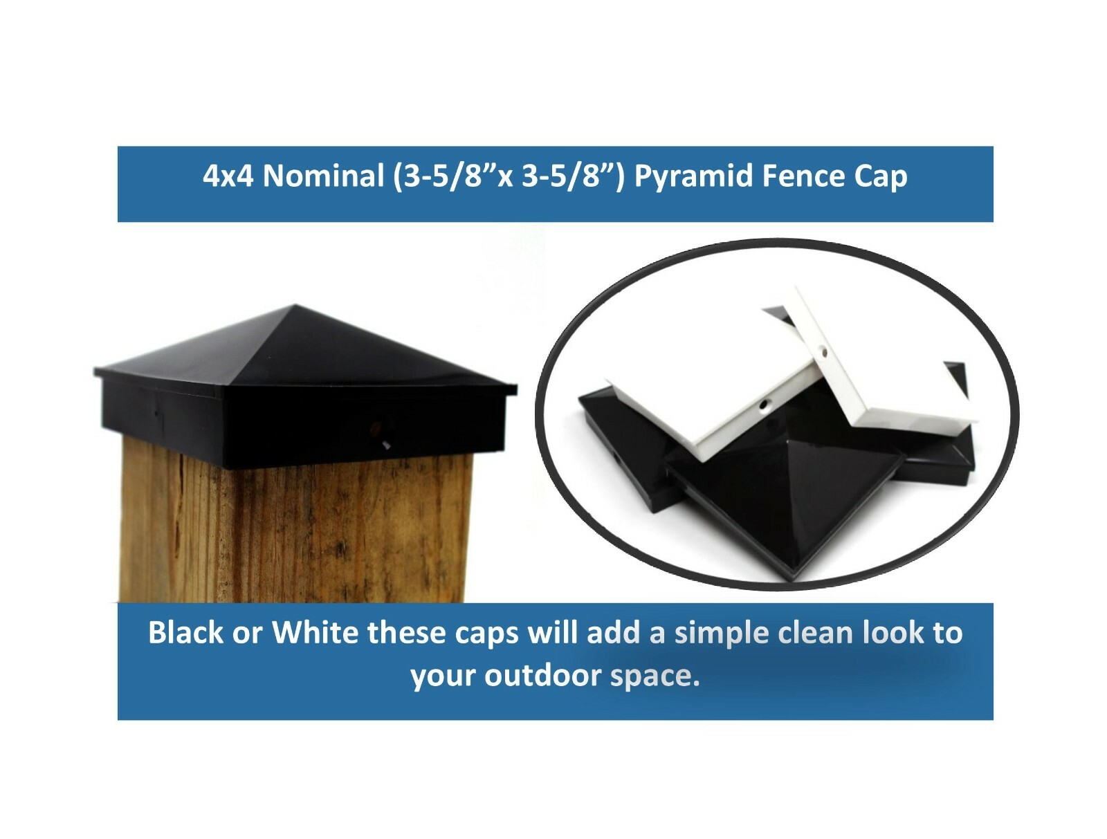 Plastic Pyramid 4x4 True (100mm) Fence Post Cap w/ Pre-Drilled Hole Black/ White