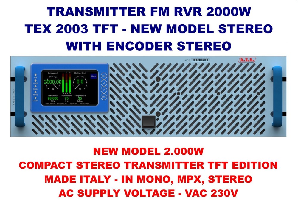 Broadcast RVR TEX 2003TFT - 2000w FM Transmitter STEREO Wide Band 88 108 Mhz NEW