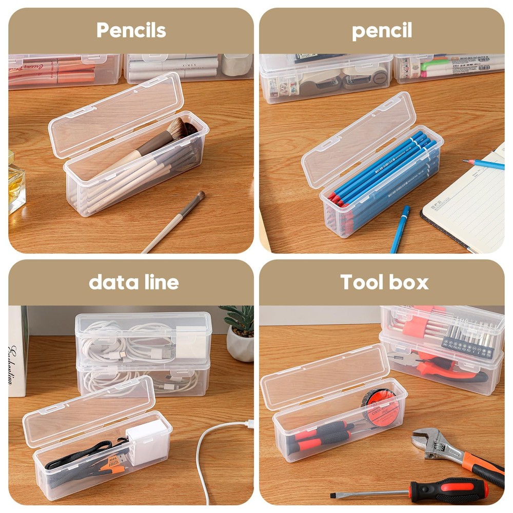 10 Pack Clear Plastic Pencil Case Boxes - Narrow Stackable Storage Organizers...
