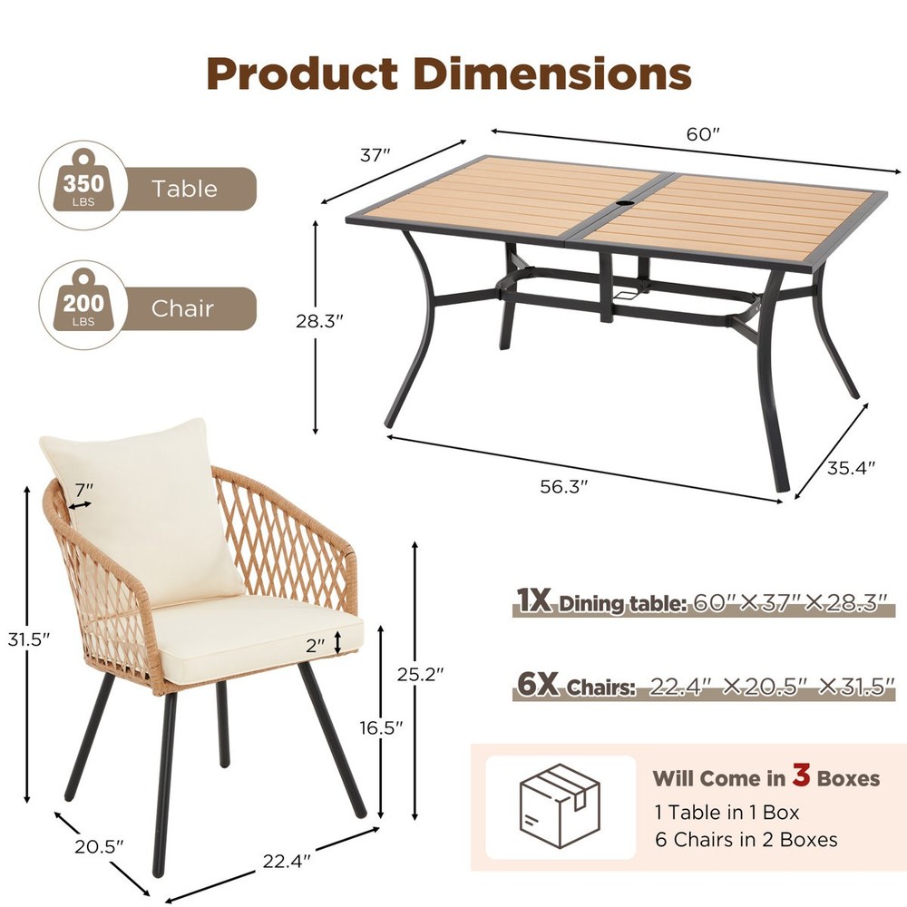6 Rattan Chairs Outdoor Dining Set Rectangular Table for Garden Poolside