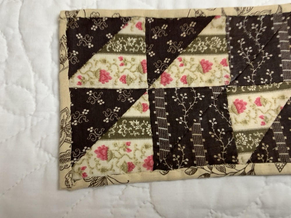 Antique Patchwork Quilt Table Topper, Nine Patch, Triangle, Early Calicos, Brown