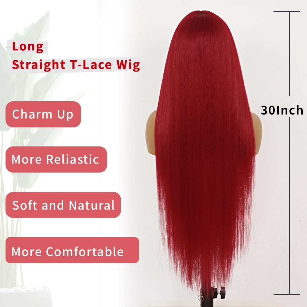 Women Red Hair Lace Front Wigs Synthetic Long Straight Wig Heat Resistant Party