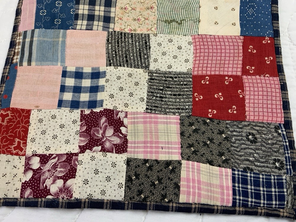 Antique Patchwork Quilt Table Topper, Rectangle, Four Patch, Early Calico Prints
