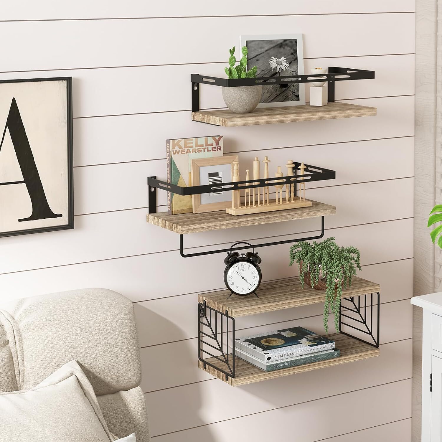 3+1 Floating Bathroom Shelves – Over Toilet Wall Mount w/ Towel Bar, Rustic