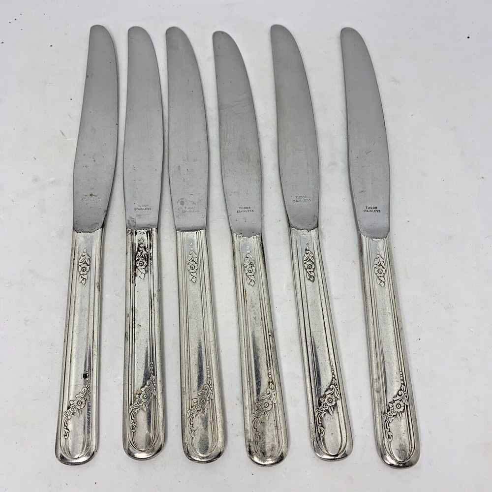 6 Oneida Community Queen Bess II Tudor Silverplate 8.75" Table Knife Flatware