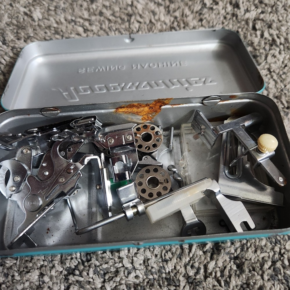 Vintage Sewing Machine Accessories Box Hinged Tin Case With Attachments