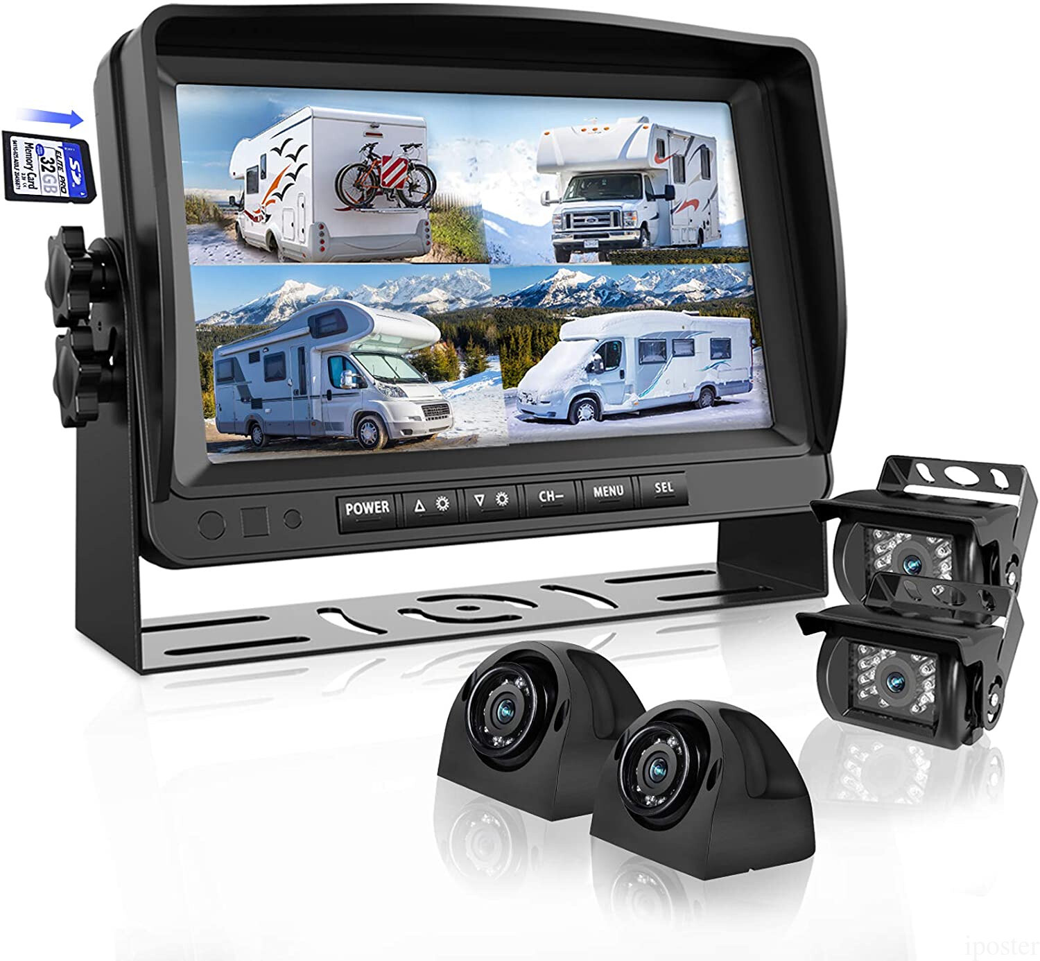 7" Quad Monitor DVR SD Recorder Side Rear View Camera System For Truck Trailer