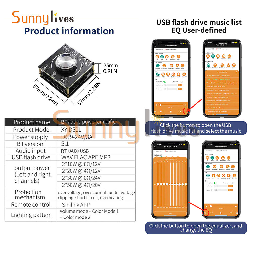 50W+50W Stereo Bluetooth Audio Digital Power Amplifier Board Module APP Control