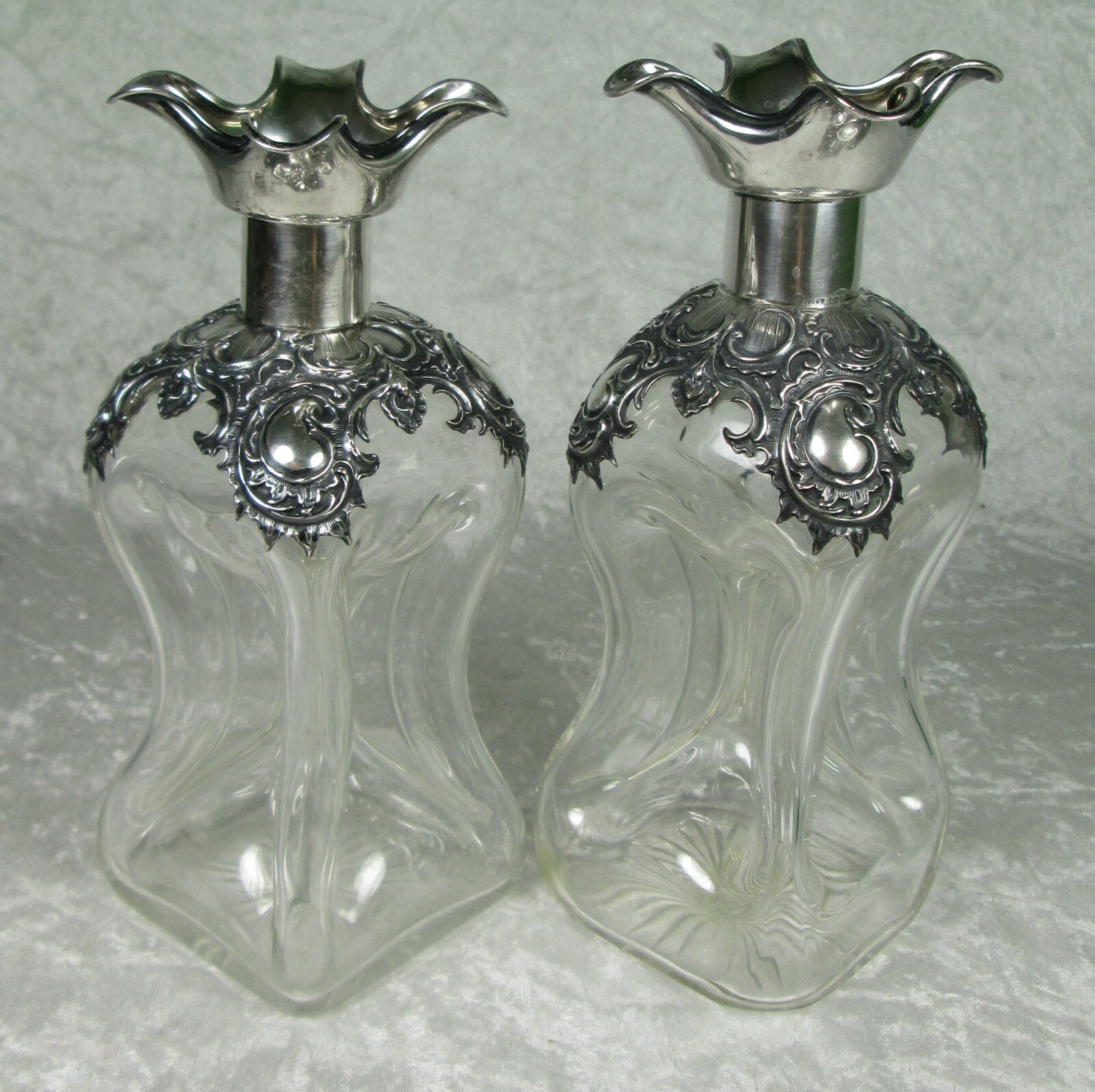 Wilhelm Binder Art Nouveau Decanters 800 Silver Overlay Pinched Glass Antique