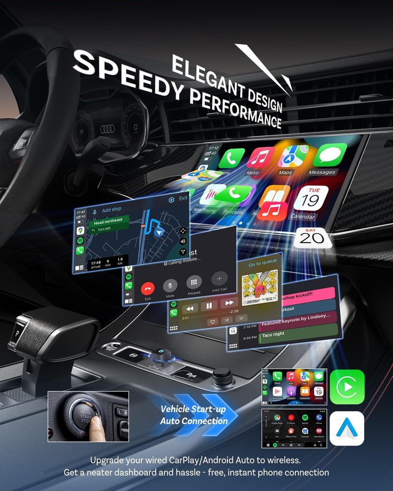 Ottocast Mini Cube 3.0 USB C Wireless CarPlay Adapter, Android Auto Black