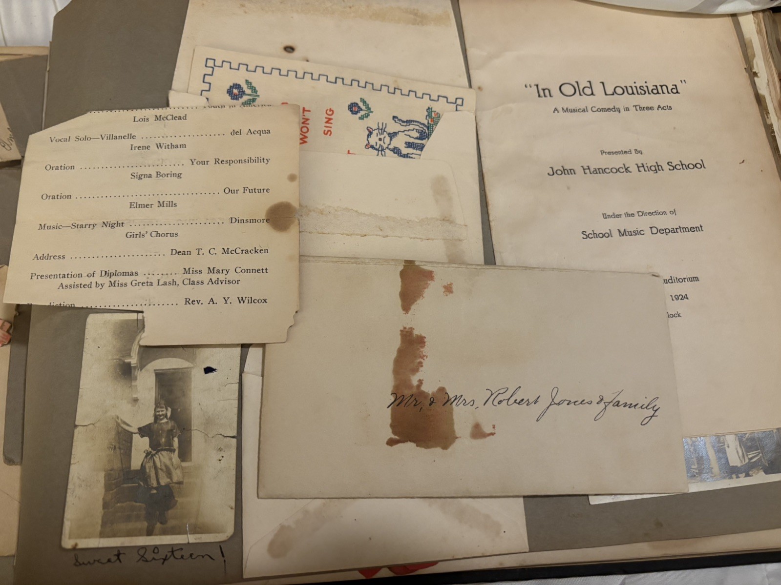 Antique 1923/24 High School Memories Scrapbook Felt Letter Invitations Playbill