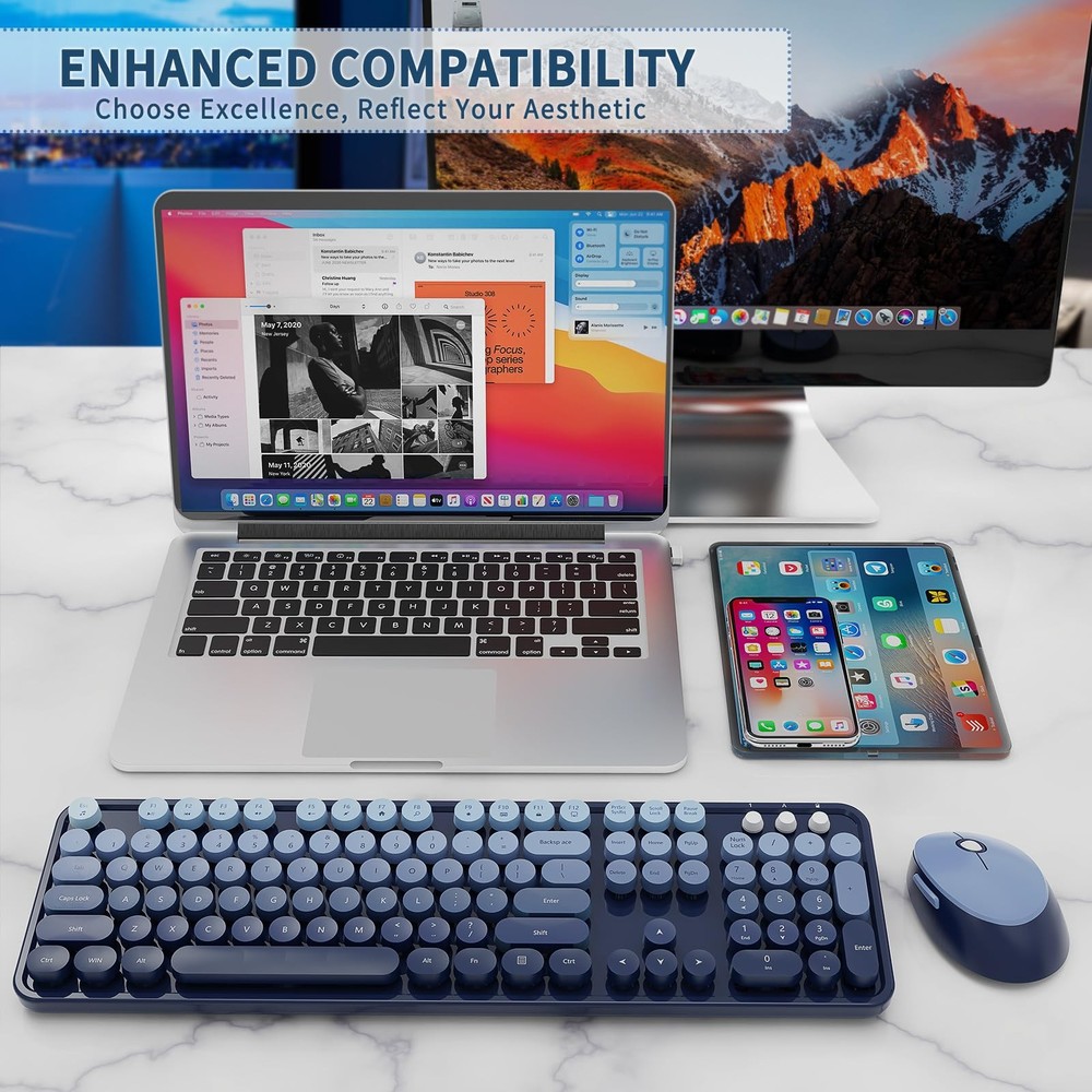 Wireless Keyboard and Mouse Combo, Retro Typewriter Keyboard with Round Keyca...