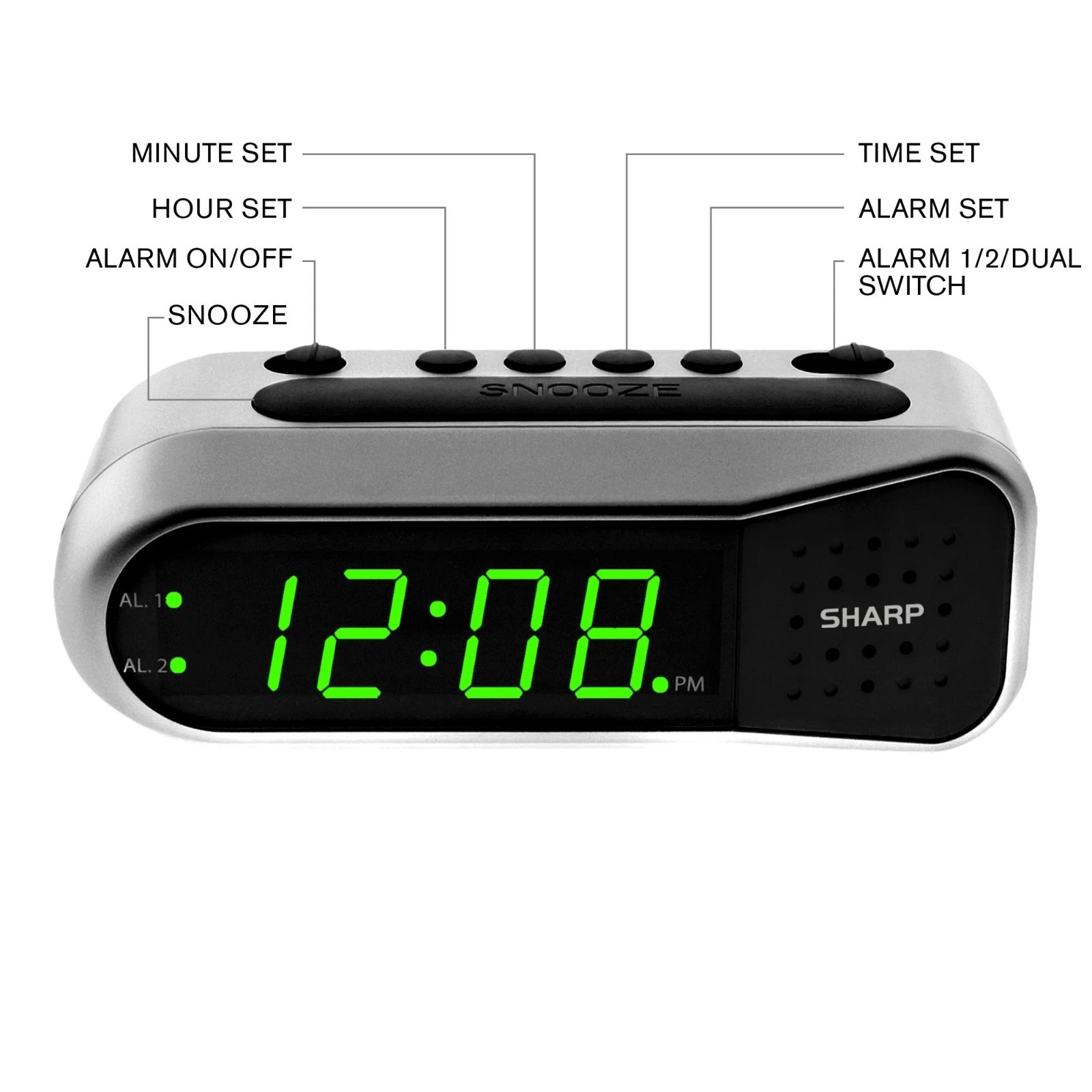 SHARP Digital Dual Alarm Clock, Silver with Green LED Display, Ascending Alarm