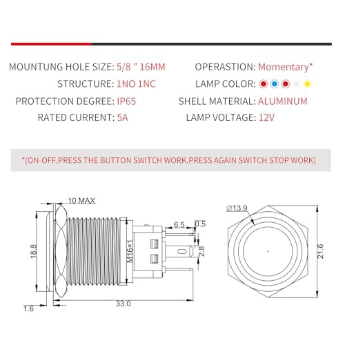16mm Momentary Push Button Switch 12V DC On Off Self-Reset with Black Shell-Red