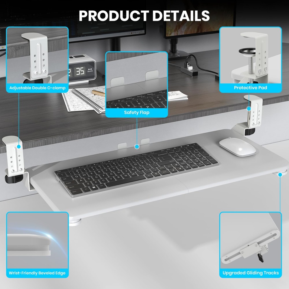 Keyboard Tray Under Desk Pull Out Keyboard & Mouse Tray with Adjustable C-cla...