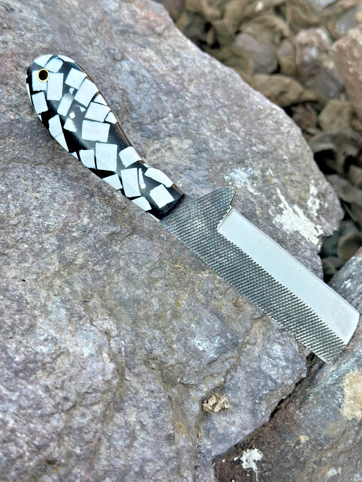 HAND FORGED RAIL ROAD BULL CUTTER/COWBOY KNIFE & RISEN HANDLE AH DAMASCUS-1234