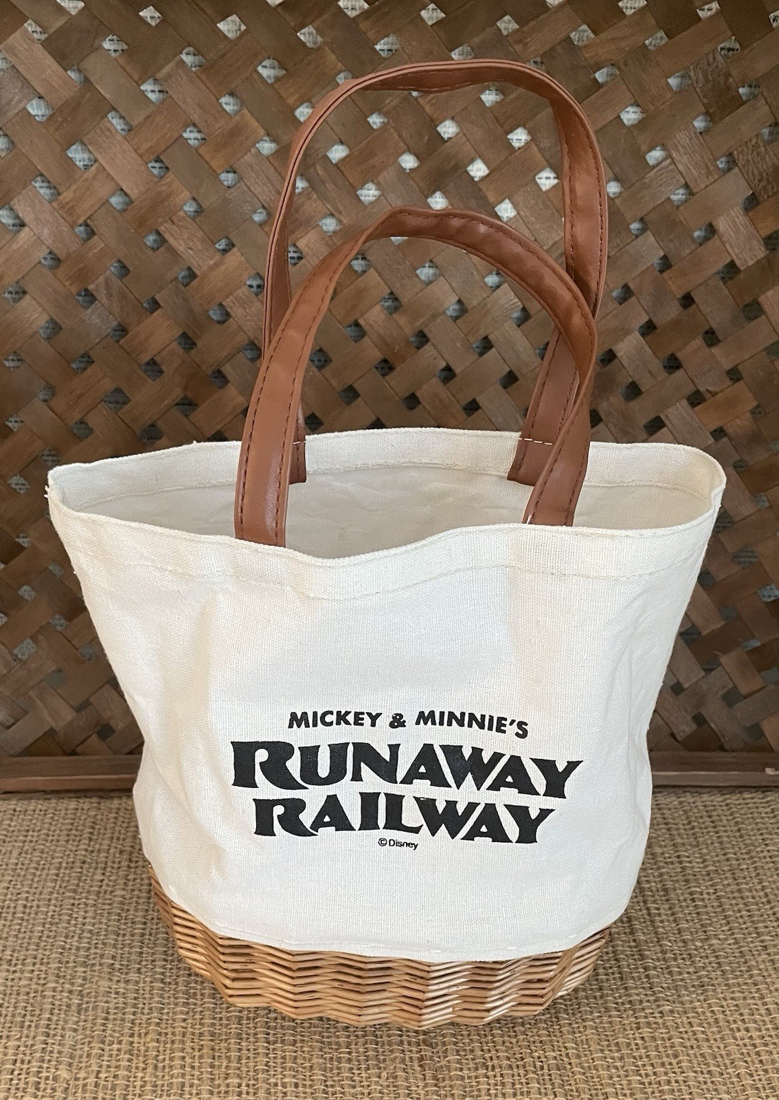 Runaway Railway Disney Mickey & Minnie’s Tote Bag Canvas W/Wicker Bottom