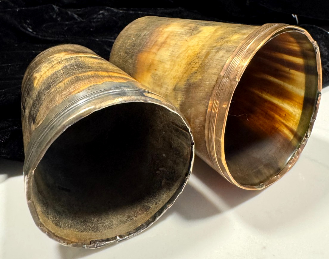 2 GEORGIAN COPPER/GOLD & SILVER RIMMED CUPS BANDED BASES GREAT CONDITION