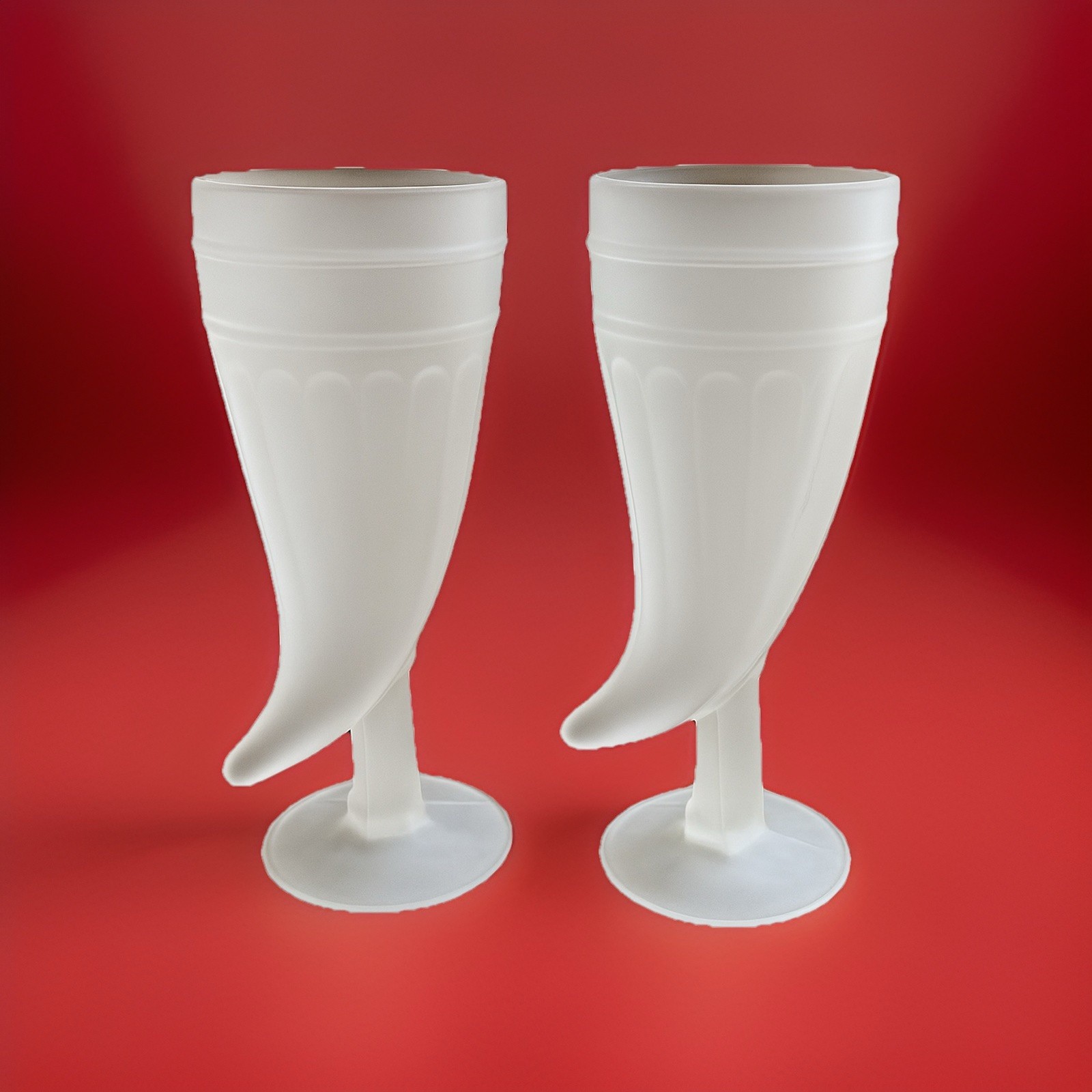 Set of 2 Frosted Glass Viking Horn Mugs Footed Goblet Style Horn Cups 8” Tall