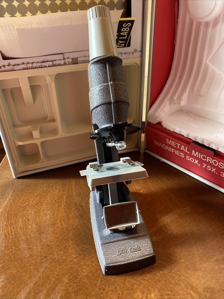 1970s Skilcraft kids microscope, metal microscope, case, instructions