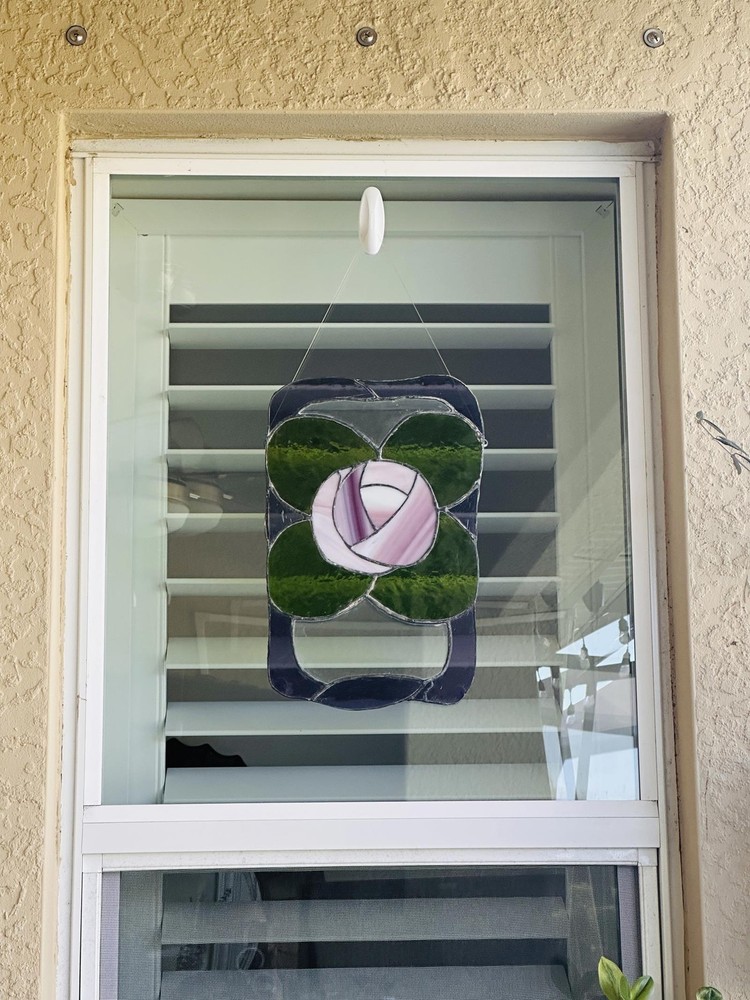 Stained Glass Rose & Leaf Suncatcher Window Panel