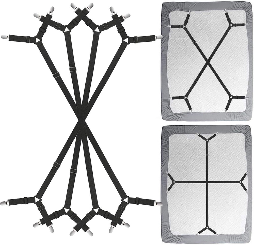 Bed Sheet Clip Straps Adjustable Elastic Gripper for Fitted Sheets 4 Pcs Black