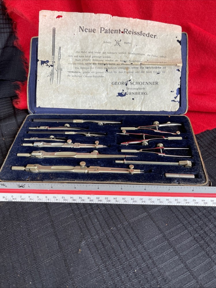 German Precision Drafting Drawing Set in Case 12 Piece - Schenner - Rare