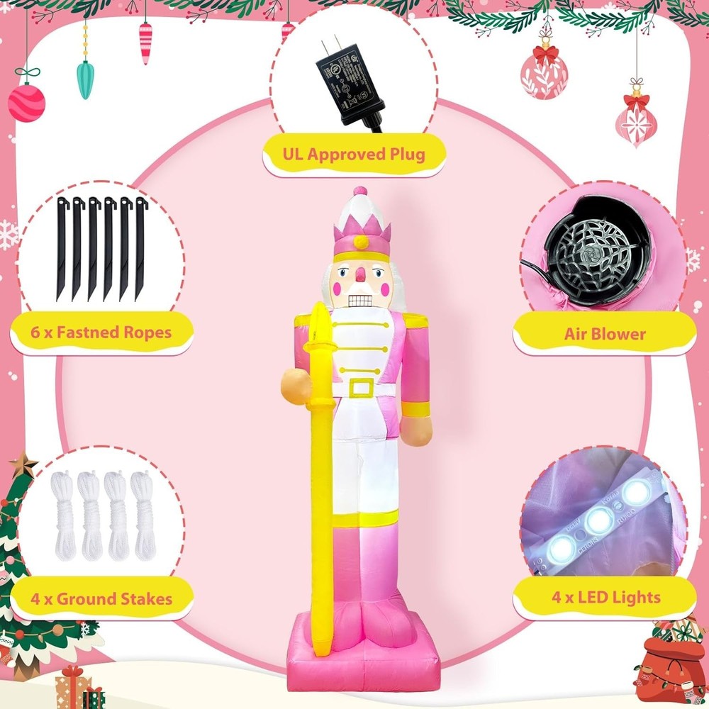 Magical 8FT Pink Nutcracker Inflatable with LED Glow - Easy Setup Outdoor Charm