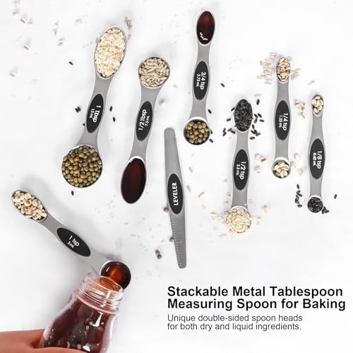 Magnetic Measuring Spoons Set Stainless Steel with Leveler, Stackable 7 Silver