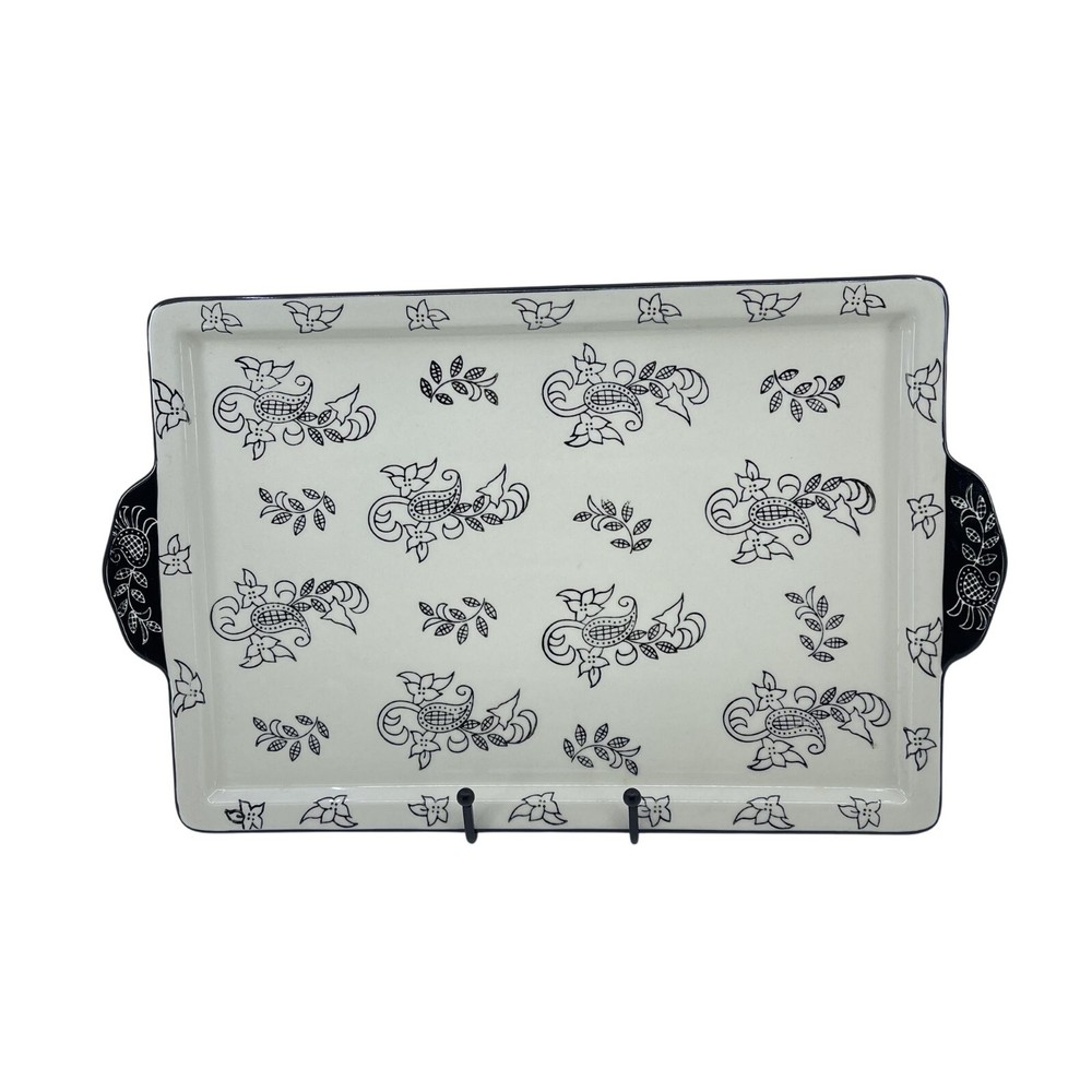 baum white and black ceramic serving platter with handles floral pattern
