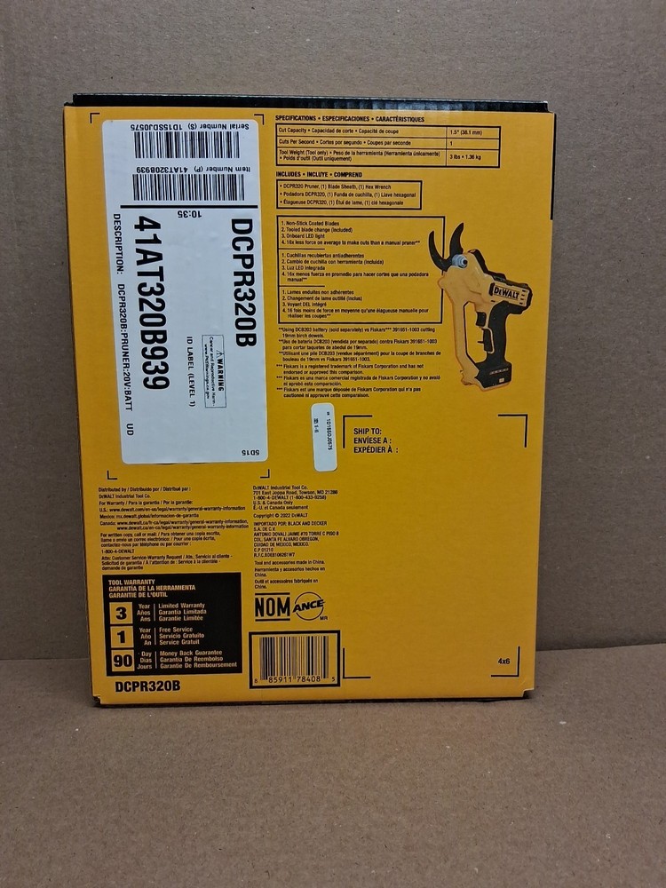 DEWALT DCPR320B 20V MAX 1.5" Cordless Pruner - Yellow