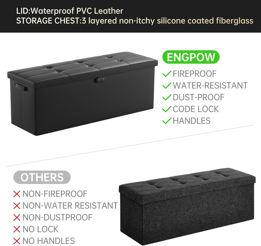 Fireproof Folding Storage Ottoman with Handles & 2 Extra Boxes - Black