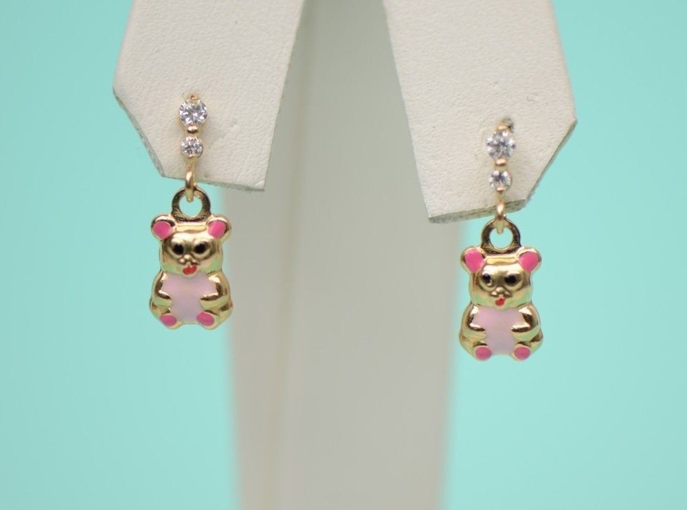 14K Solid Yellow Gold Teddy Bear Dangle Earring with Enamel