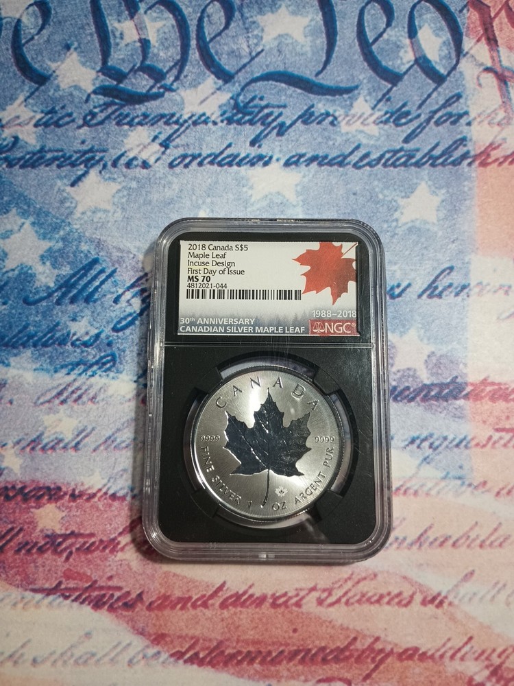 🍁2018 CANADA S$5 MAPLE LEAF INCUSE DESIGN FIRST DAY ISSUE 30TH ANNIVERSARY MS70