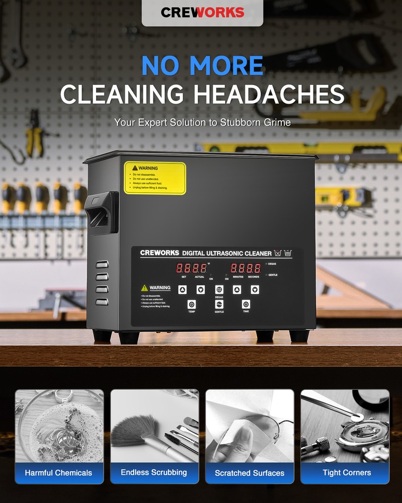CREWORKS 3L Digital Sonic Cleaner with 300W Heater Timer Control & Degas Mode