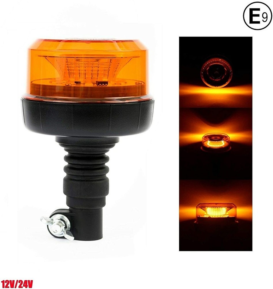 Rotating Flashing Amber Beacon Flexible DIN Pole Mount Tractor Warning Light E9